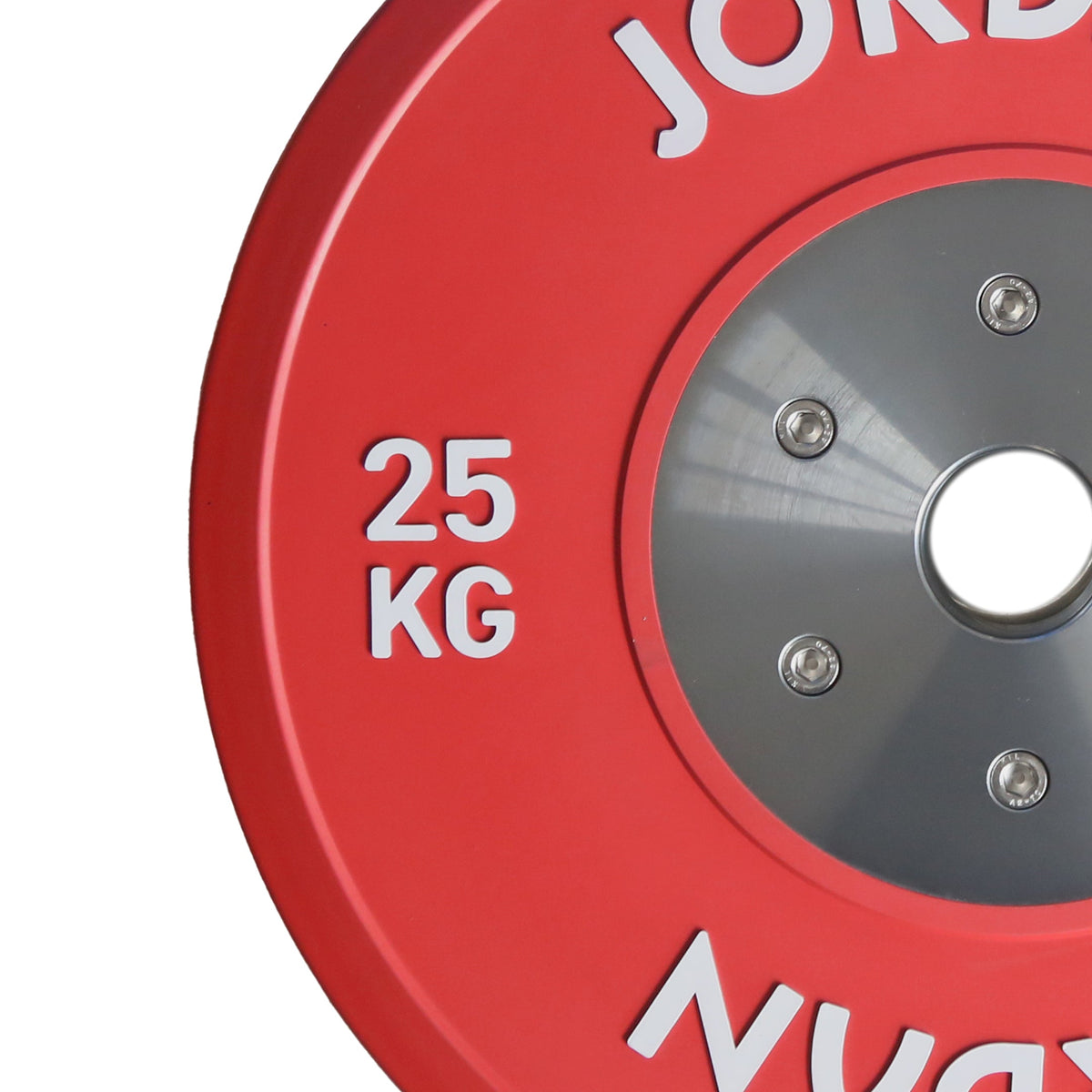 JORDAN calibrated competition plate set: red 25 kg plate weight marking and edge detail.