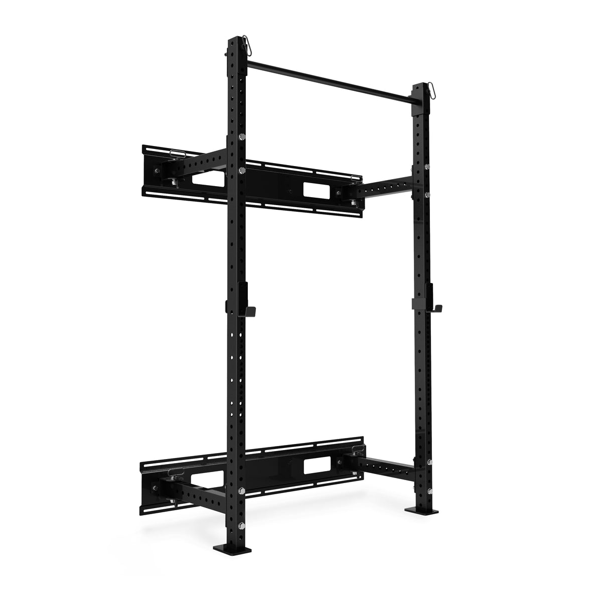 Black JORDAN HELIX folding wall rack with wall plates and chin-up bar.
