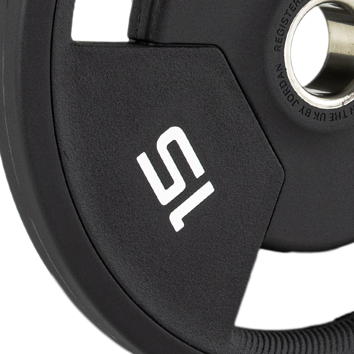 JORDAN Urethane Tri-Grip Olympic Plates: 15 kg urethane tri-grip side edge detail.