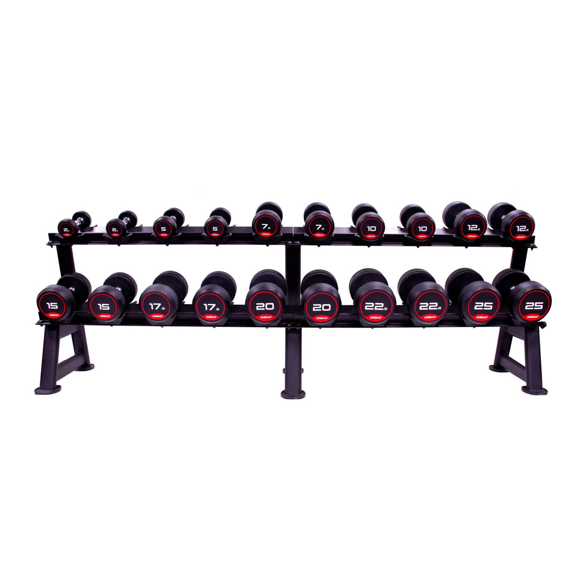 JORDAN two-tier ten-pair dumbbell rack: black two-tier ten-pair rack loaded with dumbbells, front view.