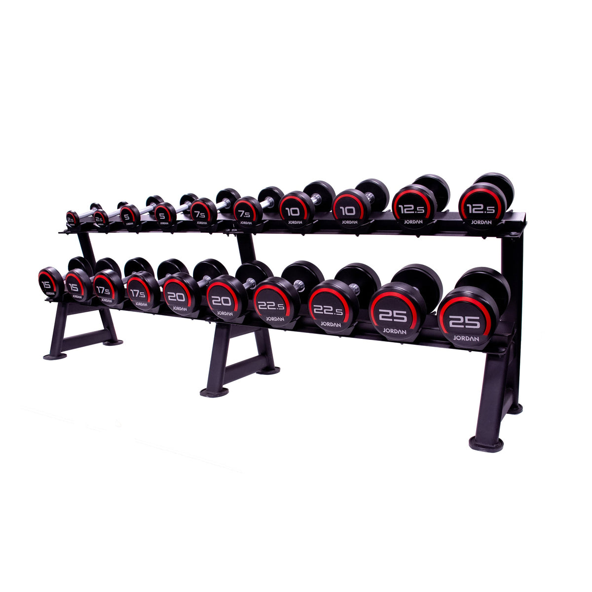Black twelve-pair dumbbell rack shown loaded, full view.