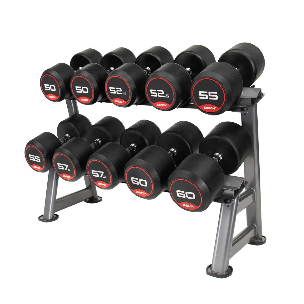Grey five-pair dumbbell rack shown loaded, three-quarter view.