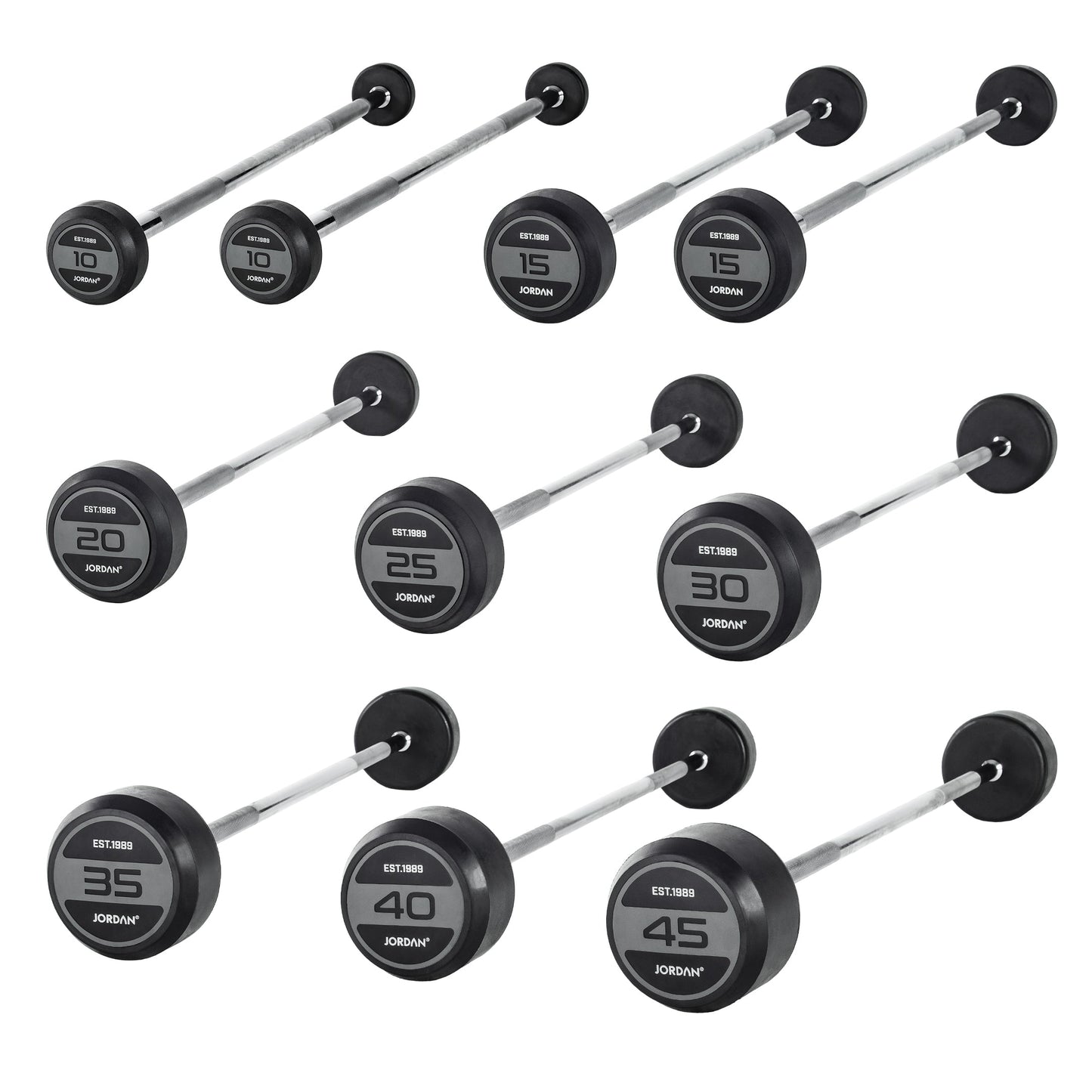 JORDAN 10-45kg Rubber Barbell Set (10 Bars) - Straight Bar - Grey - main product view