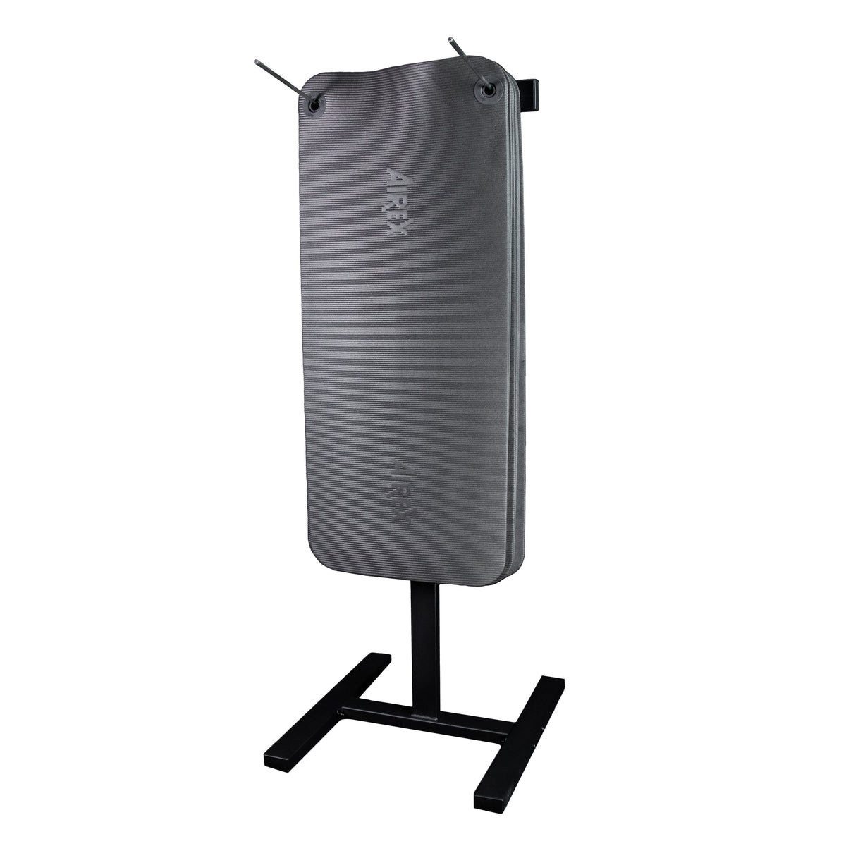 Black single-sided mat rack shown with hanging mats.