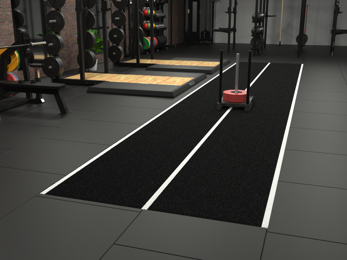 Trackz Uni Sprint black training turf installed in a gym