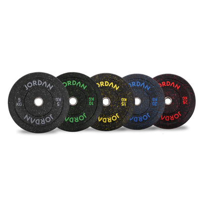JORDAN coloured-fleck bumper plates: fleck bumper weight comparison: one plate each of 5, 10, 15, 20 and 25 kg.