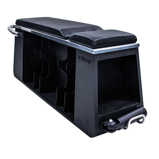 JORDAN Fusion HIIT Bench: empty black Fusion HIIT bench with backrest flat.