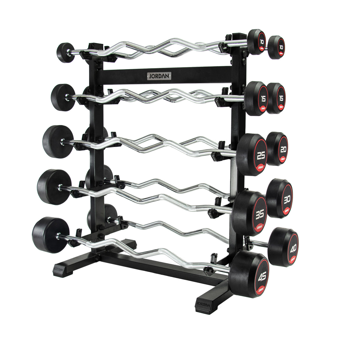 JORDAN ten-bar red rubber curl set: two 10 kg, two 15 kg and one each 20–45 kg, shown on a separately sold rack.
