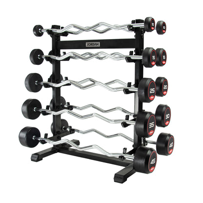 JORDAN ten-bar red rubber curl set: two 10 kg, two 15 kg and one each 20–45 kg, shown on a separately sold rack.