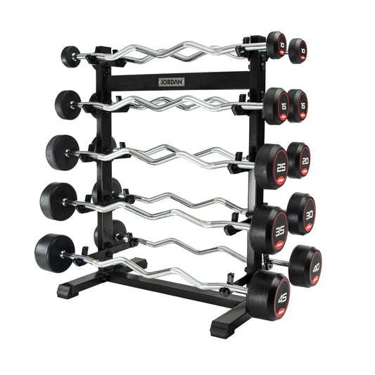 JORDAN ten-bar red rubber curl set: two 10 kg, two 15 kg and one each 20–45 kg, shown on a separately sold rack.