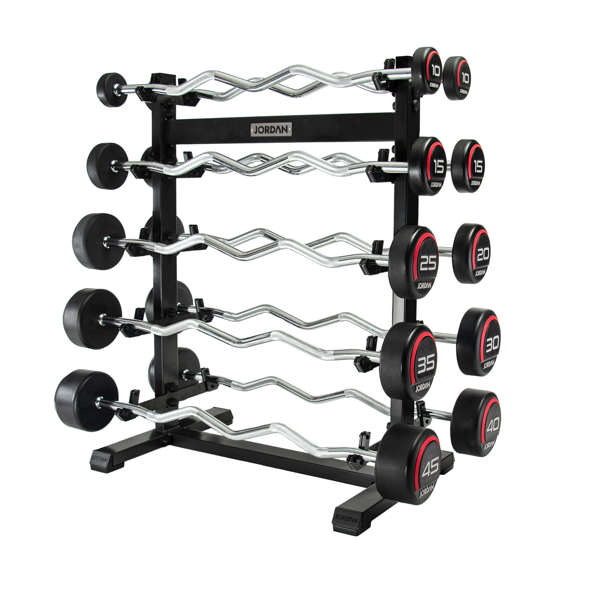 JORDAN ten-bar red urethane curl set: two 10 kg, two 15 kg and one each 20–45 kg, on a separately sold rack.