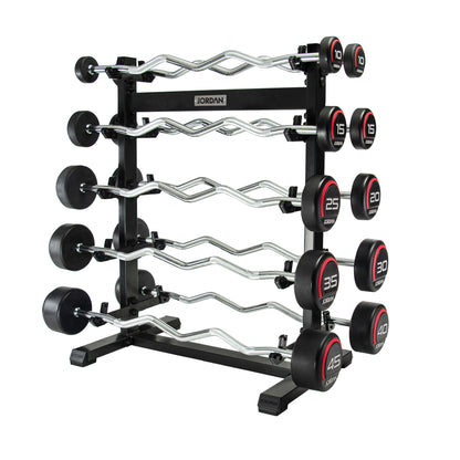 JORDAN ten-bar red urethane curl set: two 10 kg, two 15 kg and one each 20–45 kg, on a separately sold rack.