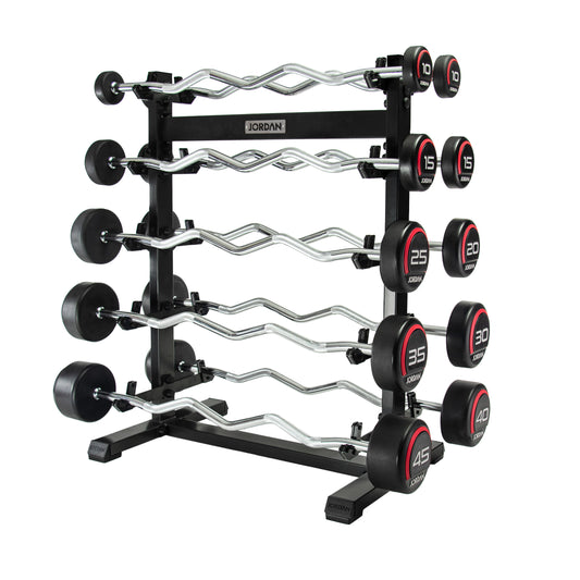 JORDAN ten-bar red urethane curl set: two 10 kg, two 15 kg and one each 20–45 kg, on a separately sold rack.