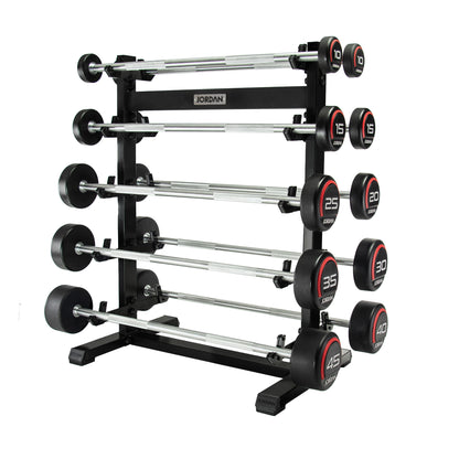 JORDAN ten-bar red urethane straight set: two 10 kg, two 15 kg and one each 20–45 kg, on a separately sold rack.