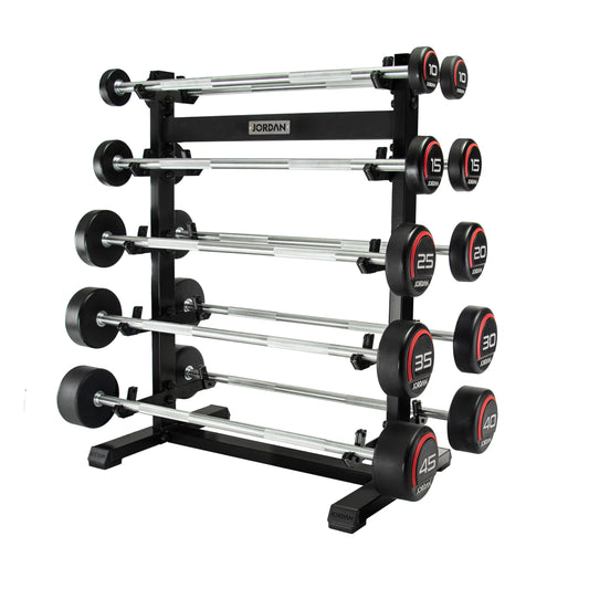 JORDAN ten-bar red urethane straight set: two 10 kg, two 15 kg and one each 20–45 kg, on a separately sold rack.