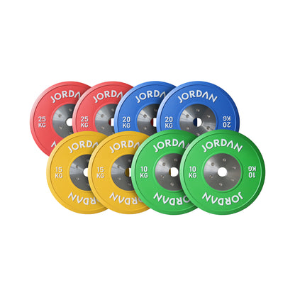 JORDAN 140 kg calibrated competition plate set: pairs of green 10 kg, yellow 15 kg, blue 20 kg and red 25 kg plates.