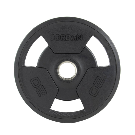 JORDAN Rubber Tri-Grip Olympic Weight Plates: 20 kg black rubber tri-grip plate.