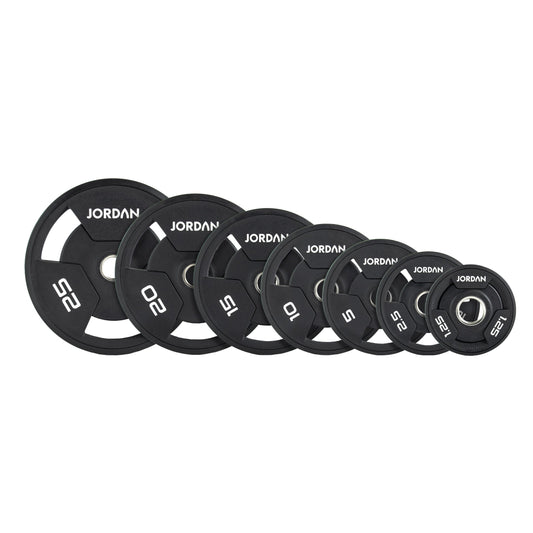 JORDAN Urethane Tri-Grip Olympic Plates: urethane tri-grip weight comparison: 1.25, 2.5, 5, 10, 15, 20 and 25 kg.