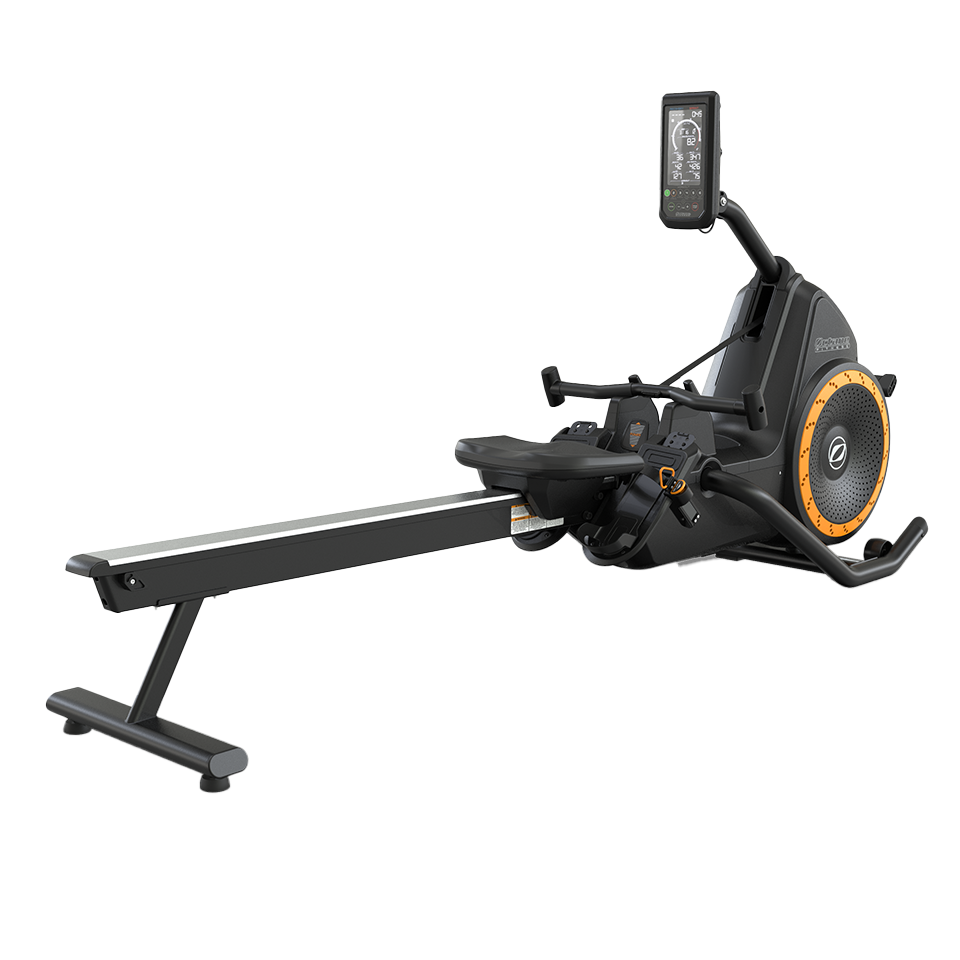 OCTANE Rō rowing machine with console and full rail, angled view.