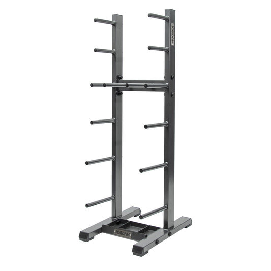 JORDAN studio barbell rack: empty grey twelve-set studio barbell rack, angled view.