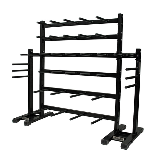 JORDAN studio barbell rack: empty black thirty-set studio barbell rack, angled view.
