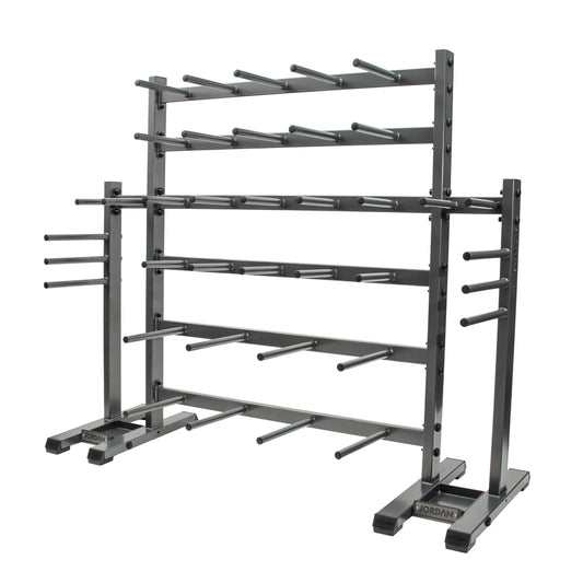 JORDAN studio barbell rack: empty grey thirty-set studio barbell rack, angled view.