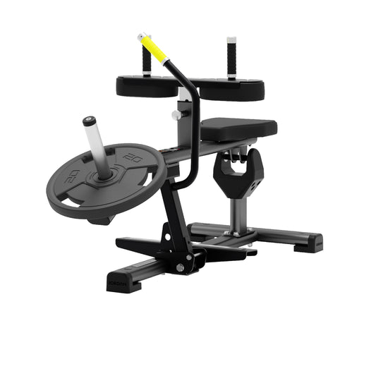 JORDAN seated calf machine: grey-base seated calf machine, angled view.