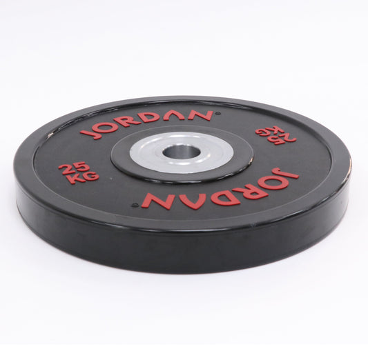 JORDAN 25kg Urethane Competition Plate - Black with Red text - alternate angle
