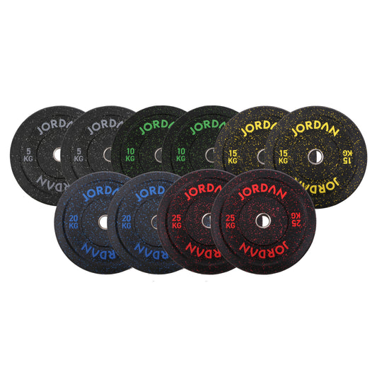 JORDAN 150 kg fleck bumper set: pairs of 5, 10, 15, 20 and 25 kg plates.