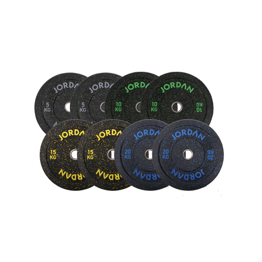 JORDAN 100 kg fleck bumper set: pairs of 5, 10, 15 and 20 kg plates.