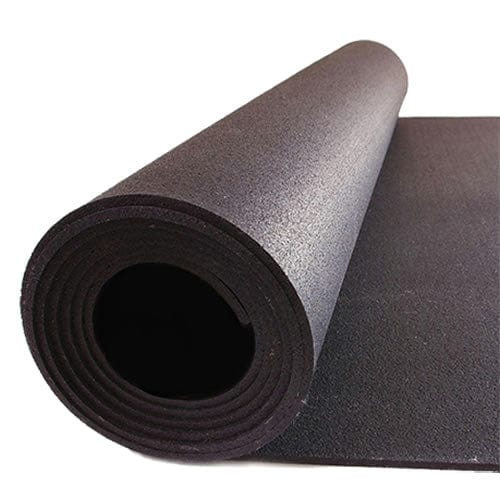 Dark rubber flooring roll, partly unrolled.