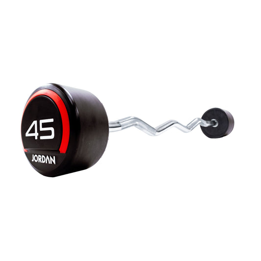 JORDAN Fixed Barbells - Curl Bar Urethane (Red): 45 kg fixed urethane curl barbell with red end markings.