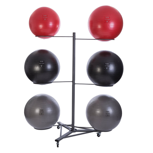Black six-ball storage rack shown holding six gym balls.