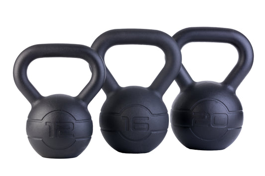 JORDAN cast iron kettlebell set: three kettlebells marked 12, 16 and 20 kg.