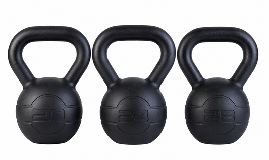 JORDAN cast iron kettlebell set: three kettlebells marked 20, 24 and 28 kg.