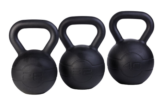 JORDAN cast iron kettlebell set: three kettlebells marked 28, 32 and 40 kg.