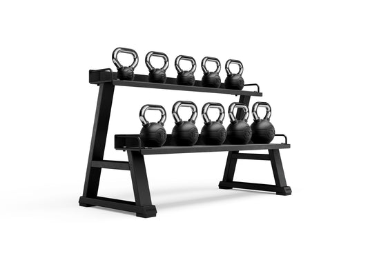 JORDAN ten chrome/rubber kettlebells marked 4, 6, 8, 10, 12, 14, 16, 18, 20 and 24 kg, on a separately sold rack.