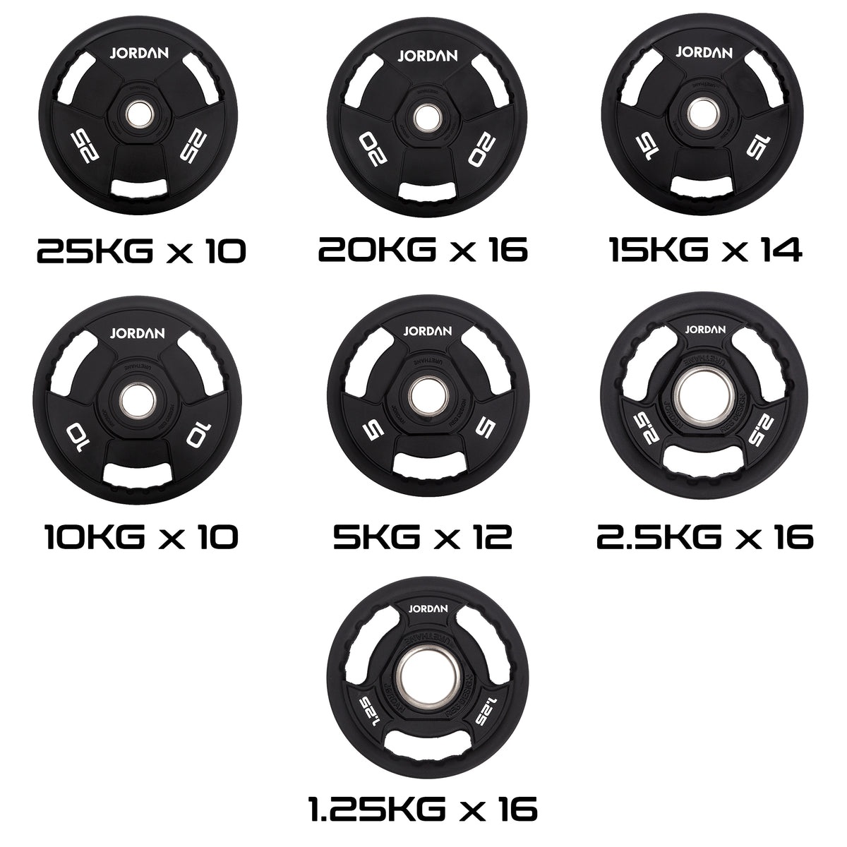 JORDAN 1000 kg rubber Olympic plate set: supplier quantity guide for 94 plates.