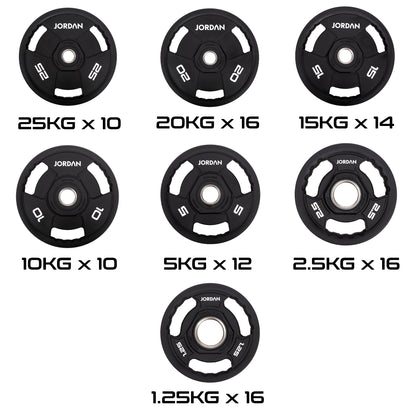 JORDAN 1000 kg rubber Olympic plate set: supplier quantity guide for 94 plates.