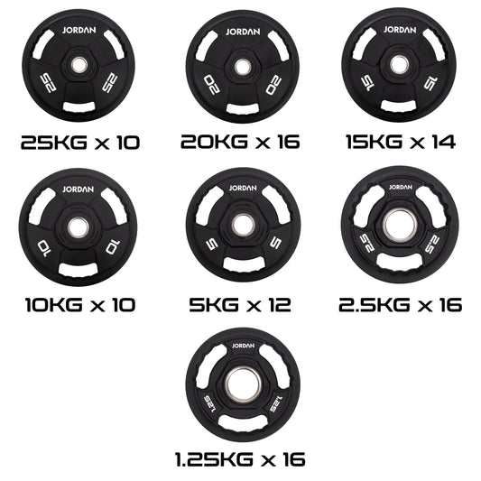 JORDAN 1000 kg rubber Olympic plate set: supplier quantity guide for 94 plates.
