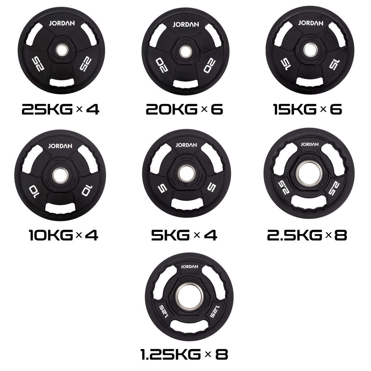 JORDAN 400 kg urethane Olympic plate set: supplier quantity guide for 40 plates.