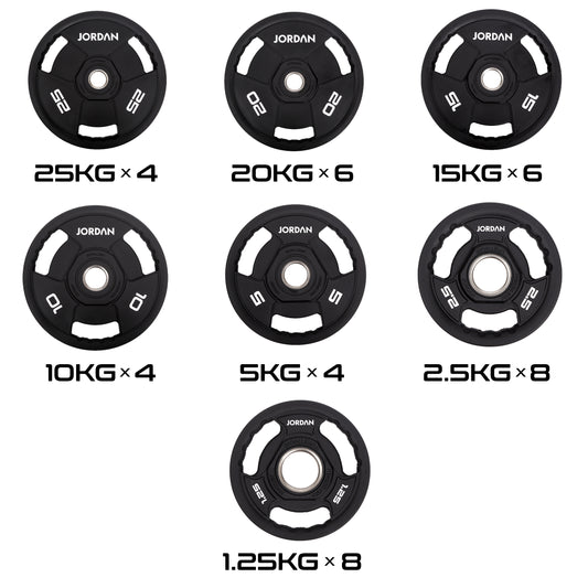 JORDAN 400 kg urethane Olympic plate set: supplier quantity guide for 40 plates.