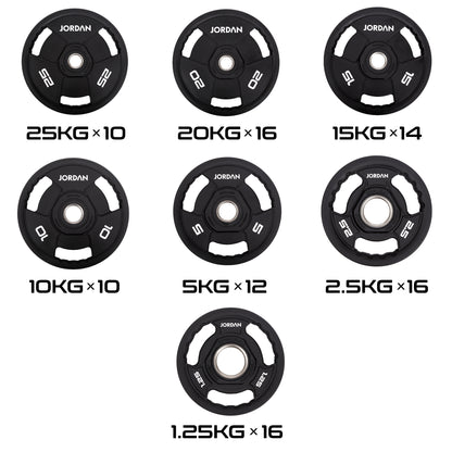 JORDAN 1000 kg urethane Olympic plate set: supplier quantity guide for 94 plates.