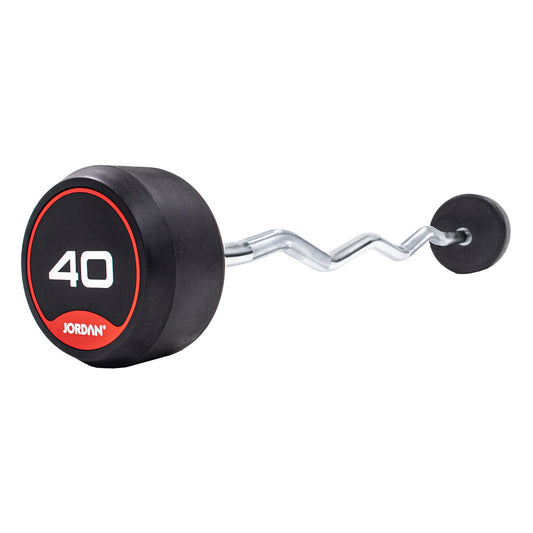 JORDAN red rubber curl barbell: 40 kg fixed rubber curl barbell with red end markings.