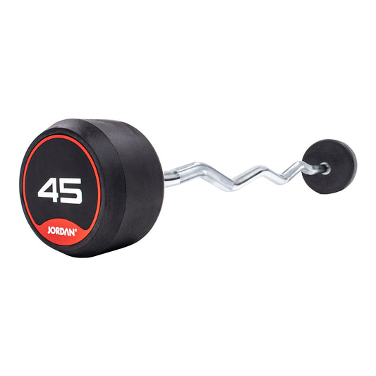 JORDAN red rubber curl barbell: 45 kg fixed rubber curl barbell with red end markings.