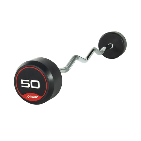 JORDAN 50 kg fixed rubber curl barbell with red end markings.