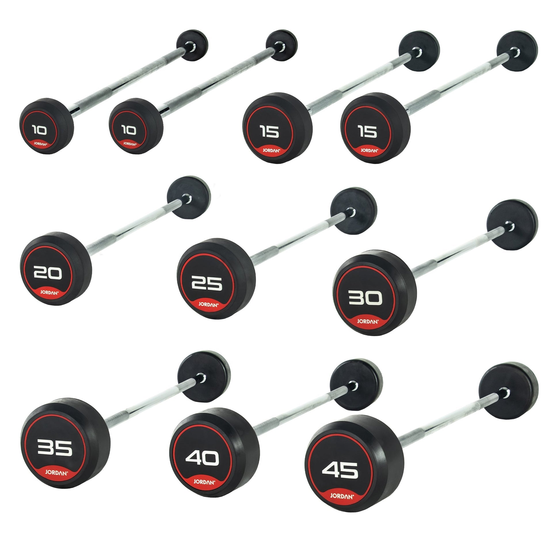 JORDAN 10 - 45kg Rubber Barbell (5kg increments / 10 Bars) - Straight Bar - Red - main product view