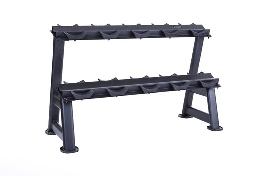 Black five-pair dumbbell rack, empty three-quarter view.