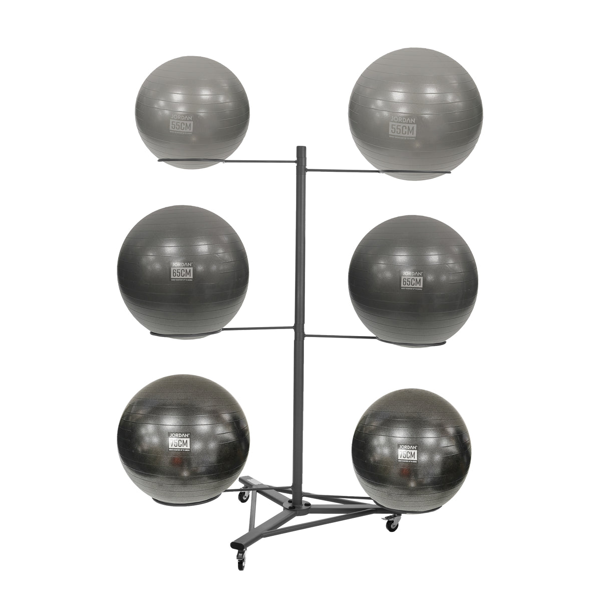 Grey six-position JORDAN gym ball rack with castors, shown with six gym balls.