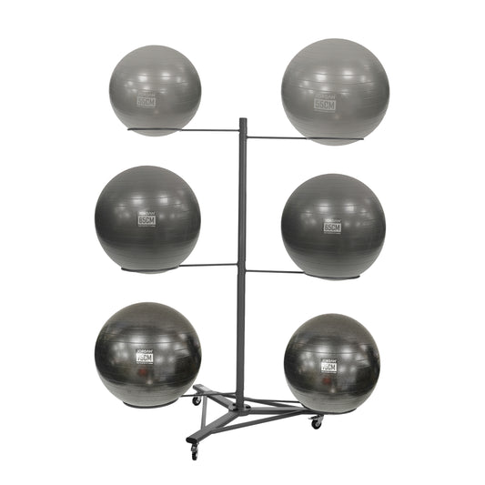 Grey six-position JORDAN gym ball rack with castors, shown with six gym balls.